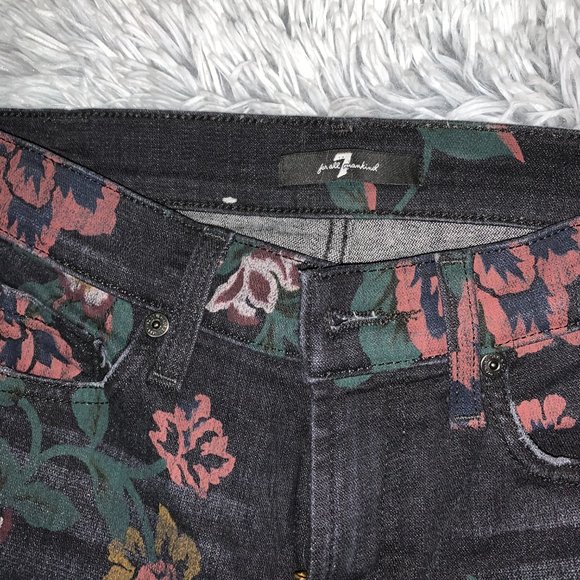 7 FOR ALL MANKIND Roxanne Floral-print Skinny Ankle Jeans W/ Raw Hem  Size: 26 - Picture 3 of 4